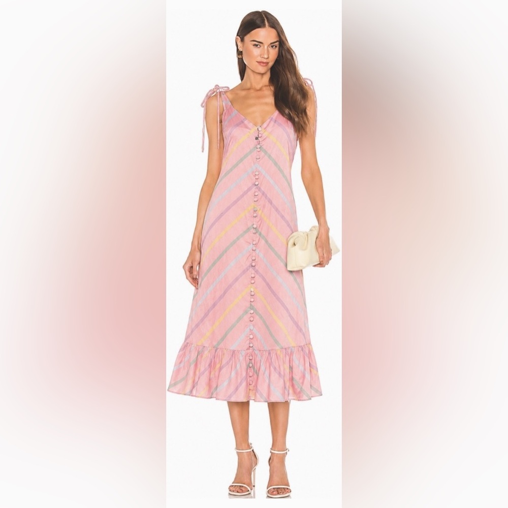 Olivia Rubin Isla Pastel Stripes Ruffled Hem Midi Dress Front Buttons Sz. 10 NWT